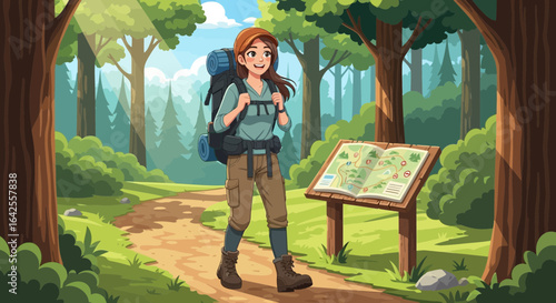 Cartoon woman hiking through scenic forest with map for outdoor adventure