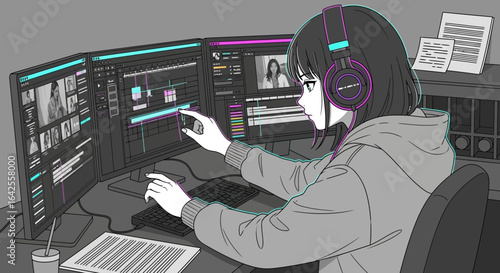 Anime-style video editor meticulously working on a multi-monitor workstation