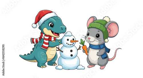 adorable dinosaur and mouse building snowman festive winter fun