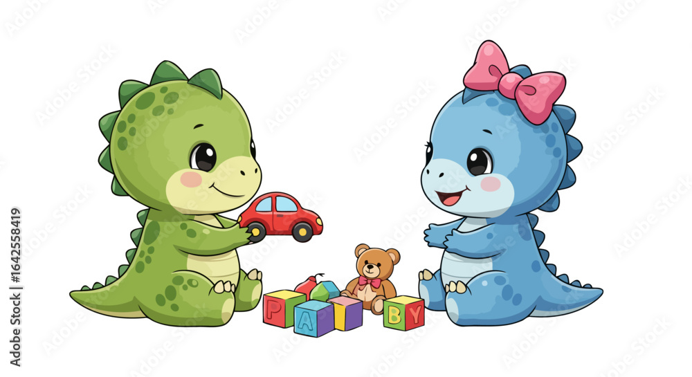 Fototapeta premium adorable dinosaur friends playing with colorful toys for kids