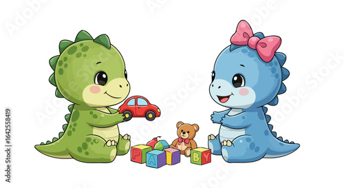 adorable dinosaur friends playing with colorful toys for kids