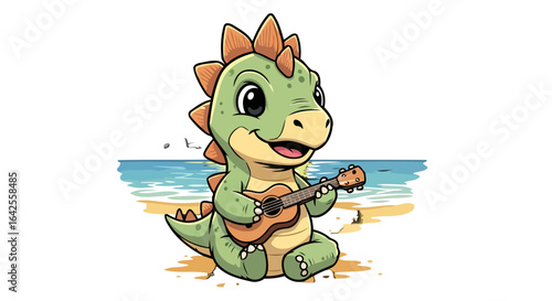 adorable dinosaur plays ukulele on sunny beach cute cartoon illustration