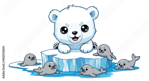 adorable polar bear cub and seal pups on melting ice floe climate change awareness