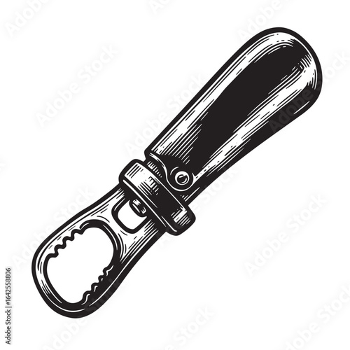 Hand drawn bottle opener illustration in a vintage engraving style black and white design