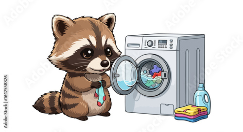 adorable raccoon doing laundry cute cartoon for kids clothing brands