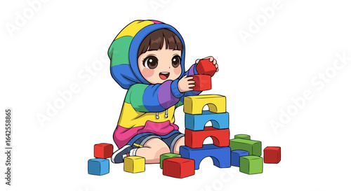 adorable toddler building colorful blocks early childhood development image