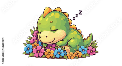 adorable sleeping dinosaur in flower garden sweet dreams illustration