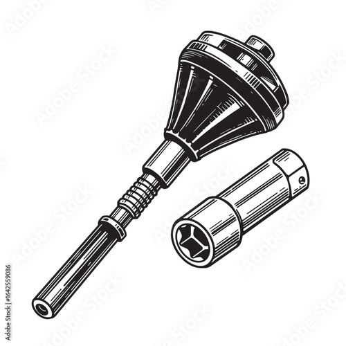 Hand drawn illustration of a ratchet wrench and a socket on white background