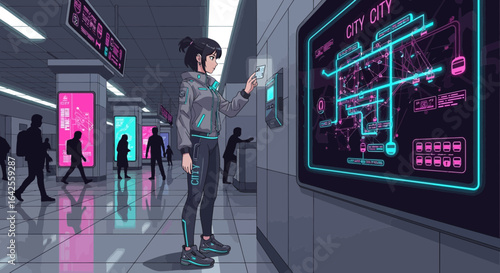 Anime depiction of a young woman interacting with futuristic tech in a vibrant subway