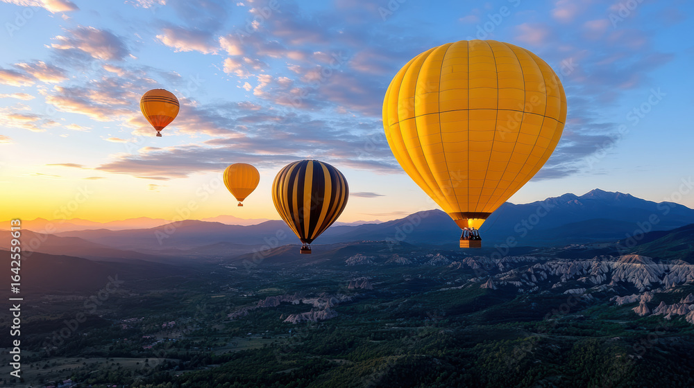 Obraz premium Golden hot air balloons float gracefully sky during stunning sunrise, creating serene atmosphere