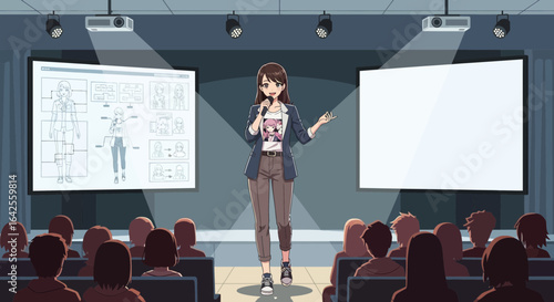 Animated speaker delivering presentation to audience in auditorium setting