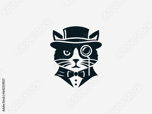 Distinguished cat gentleman with monocle and bowtie vector logo in vintage elegant style