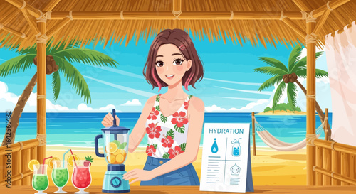 Tropical refreshment station with fresh blended drinks near the beach paradise
