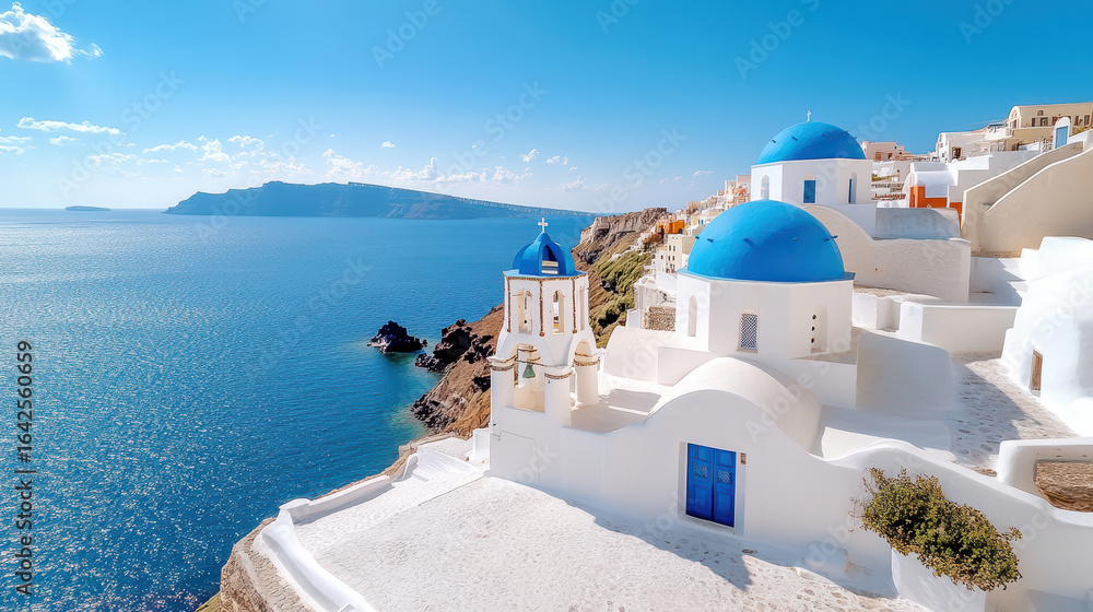 Obraz premium Stunning Greek chapel with blue dome overlooking serene sea, creating peaceful atmosphere