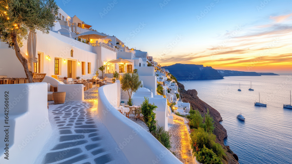 Fototapeta premium Stunning Greek coast features villas illuminated by warm amber light, creating serene atmosphere