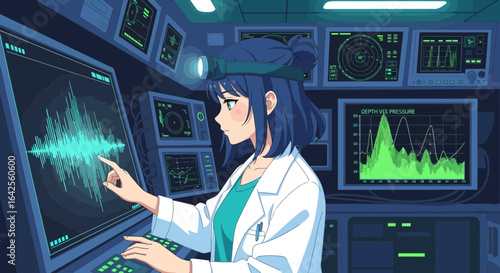 Anime-style scientist analyzing seismic data in a control room environment