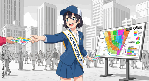 Engaging anime-style promoter advocating for urban planning initiatives in the city