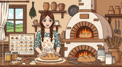 A baker girl presenting freshly baked bread in a rustic kitchen with a wood oven