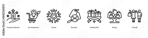 Customer Insight and Review web banner icon vector illustration featuring Customer Review, Eco Awareness, Crowd, Barcode, Holiday Gift, Frenzy, and Friends.