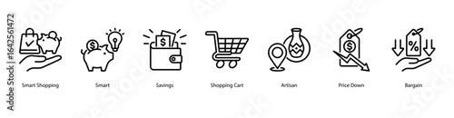 Smart Spending Decisions web banner icon vector illustration featuring Smart Shopping, Smart, Savings, Shopping Cart, Artisan, Price Down, and Bargain.
