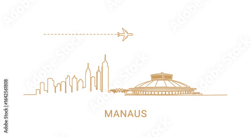 Manaus skyline vector line art with airplane.