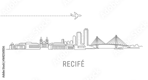 Recife Skyline with Brazil Airplane Minimal Vector.