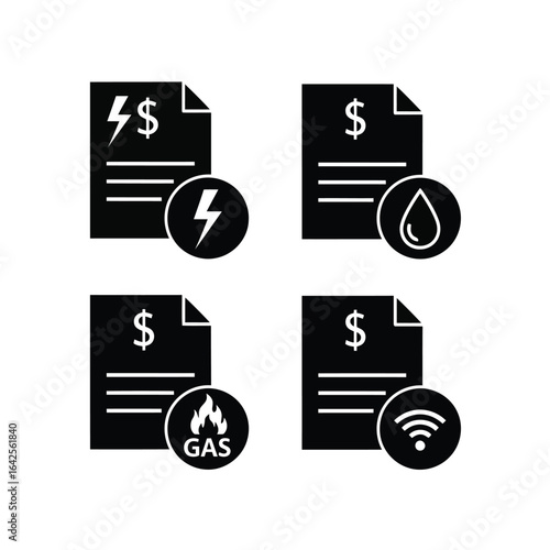 Illustration of set of icons representing utility bills for electricity, water, gas, and internet