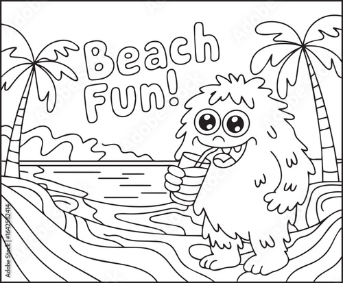 Cute monster drinking a glass of juice and enjoying in the sea beach black line art vector illustration coloring page for kids