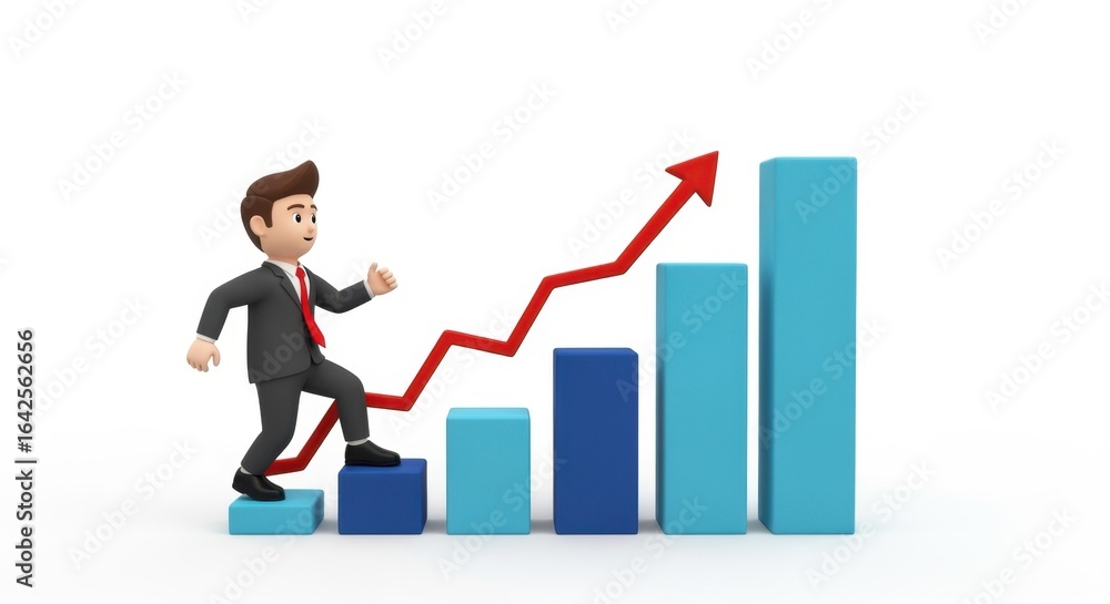 Businessman in a suit climbing a bar graph, symbolizing growth and success in a modern office Businessman in a suit climbing a bar graph, symbolizing growth and success in a modern office