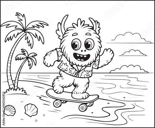 Cute monster enjoying with skateboard in sea beach black line art vector illustration coloring page for kids