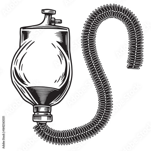 Vintage intravenous drip medical equipment illustration in a classic black and white engraving style