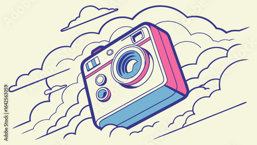 Vintage camera flying in clouds photography retro style travel and adventure photo gear illustration design