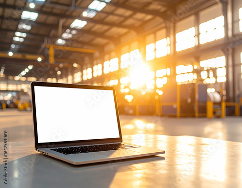 Laptop mockup in factory setting for industrial design presentation