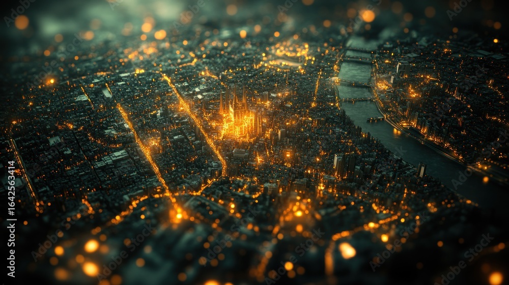 Night city aerial view, glowing lights Night city aerial view, glowing lights