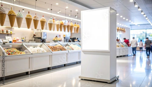 Blank white advertising billboard in a bright modern candy store with ice cream cone displays and candy bins creates perfect marketing potential with a crisp and clean backdrop.