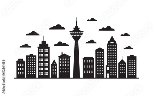 Monochromatic Silhouette of a Cityscape Featuring Buildings of Various Heights and a Central Tower Under a Sky Dotted with Clouds