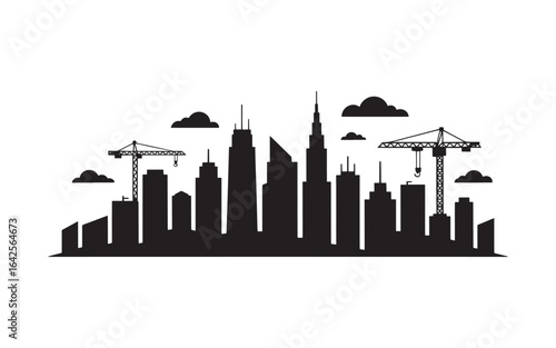 Silhouette Cityscape with Construction Cranes and Clouds Urban Development and Growth