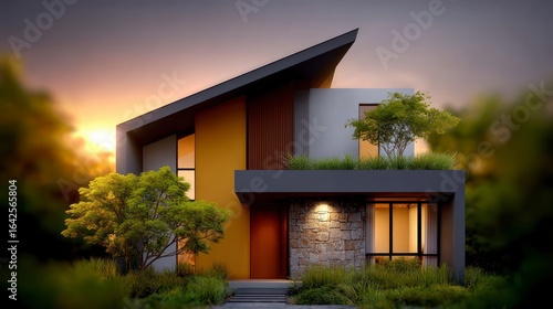 Wallpaper Mural Modern house with angular roof stone facade and lush greenery at sunset Torontodigital.ca