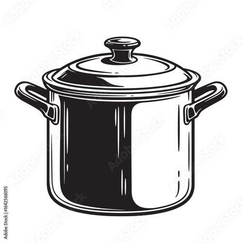 Detailed black and white illustration of a classic cooking pot with lid and handles isolated.