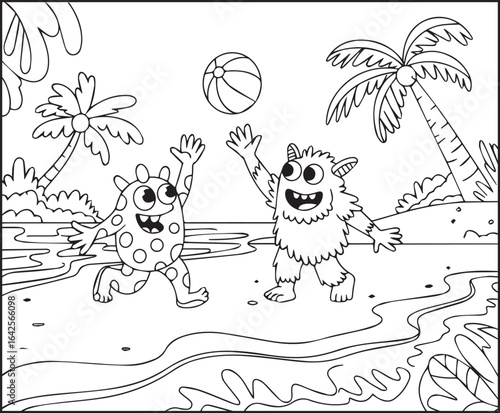 Cute two monster playing ball and enjoying on sea beach black line art vector illustration coloring page for kids