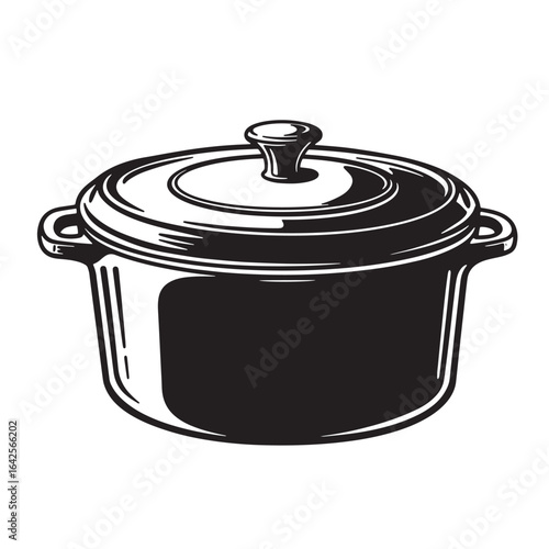 Detailed black and white illustration of a classic covered cooking dutch oven pot