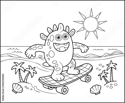 Cute monster enjoying with skateboard in sea beach black line art vector illustration coloring page for kids