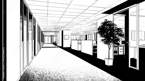 Empty interior of a modern office building with a long corridor, hand drawn comic style black and white illustration