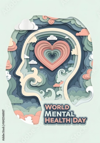 Layered paper-cut style illustration for World Mental Health Day, a head silhouette with a central heart, clouds, and waves.
