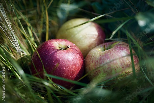 Organic apples in summer grass