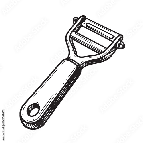 Detailed hand drawn black and white illustration of a classic vegetable peeler
