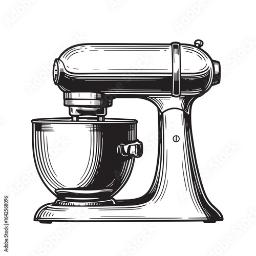 Detailed illustration of a vintage kitchen stand mixer in retro engraved style