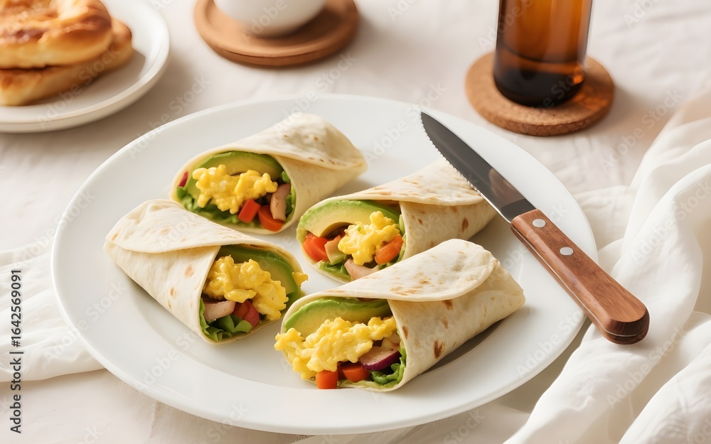 Three Delicious Avocado Egg Wraps on a White Plate Three Delicious Avocado Egg Wraps on a White Plate