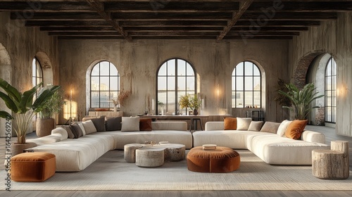 Rustic, modern loft living room with large windows