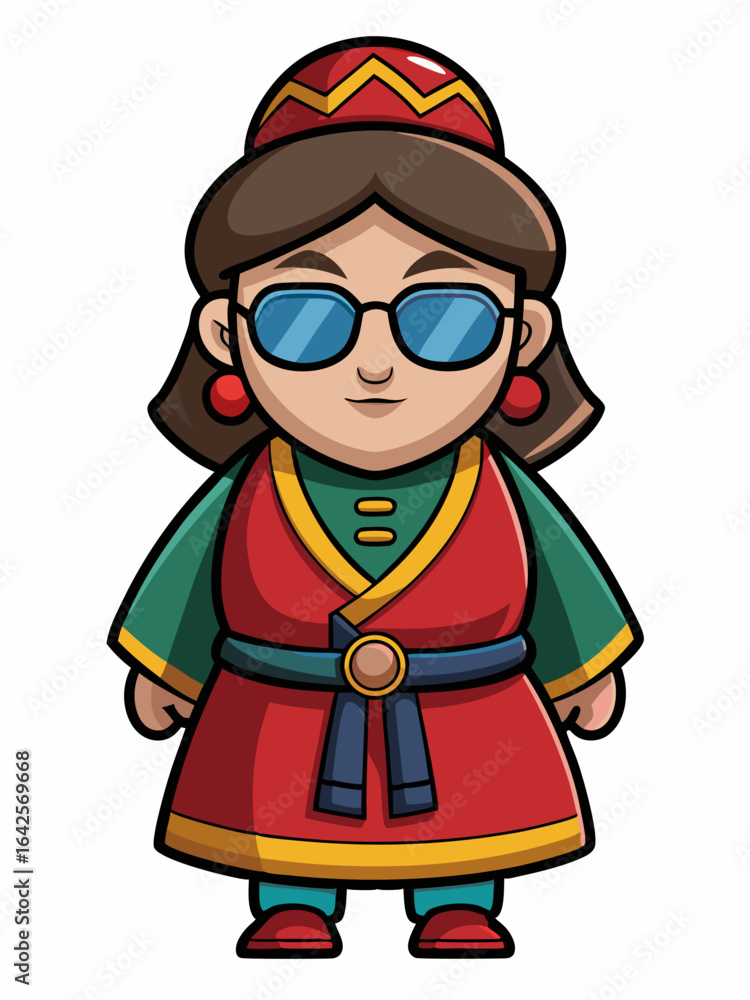 colorful illustration of a mongolian woman mascot with traditional clothing, isolated on white background colorful illustration of a mongolian woman mascot with traditional clothing, isolated on white background